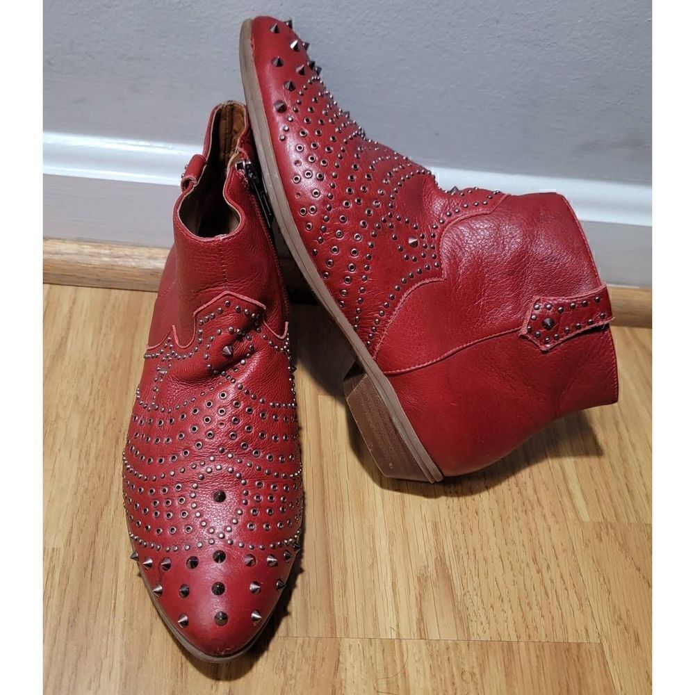 Schutz Red Leather Studded Ankle Boots 7.5